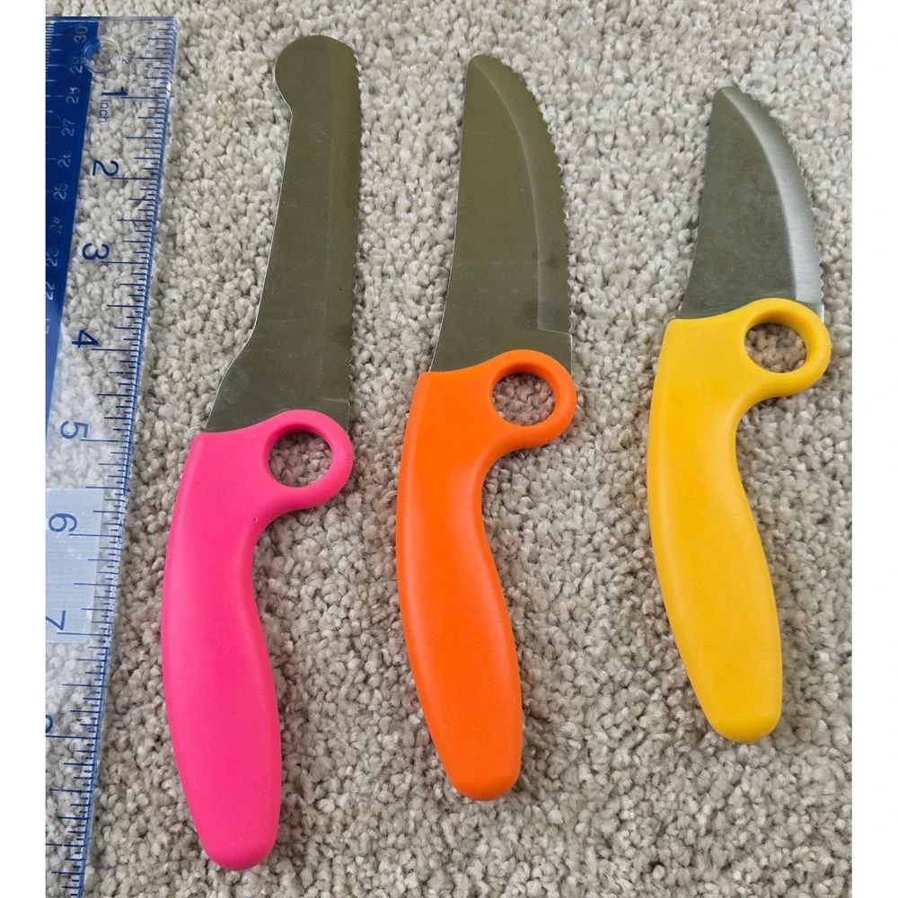 Kids Kitchen Knife Set 3 Pc Safety Cooking Knives Pink Orange Yellow Finger Ring